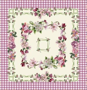 Față de masă - Jacquard roz cu carouri si flori